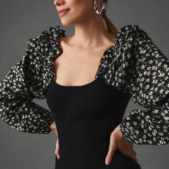 Anthropologie Black Floral Puff Sleeve top small Ribbed knit NWT $98 - Picture 7 of 10